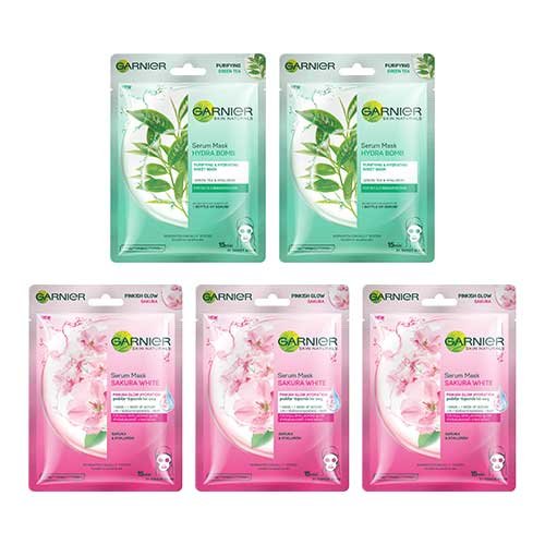 Garnier Sheet Mask Combo Pack of 5 - 2 Green Tea + 3 Sakura